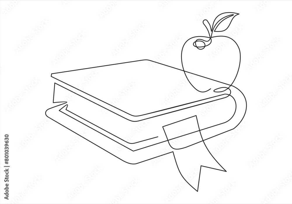Poster vector continuous one single line drawing icon of book and an apple back to school concept in silhou
