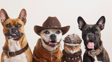 Fototapeta premium Western-Themed Portrait of Pets: Dogs and Cat Dressed as Cowboys