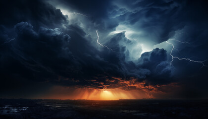 Dramatic thunderstorm with vivid lightning strikes illuminating dark. Generative AI - obrazy, fototapety, plakaty
