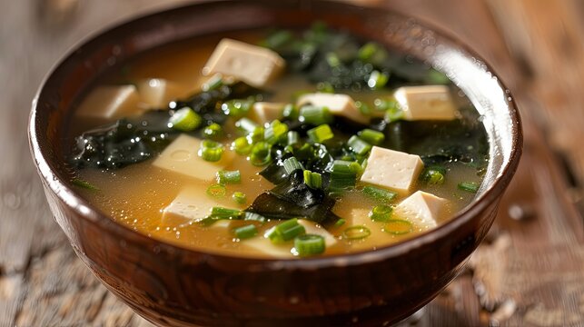 Close-up of a bowl of homemade miso soup, filled with tofu, seaweed, and green onions, offering a comforting and nutritious option for anyone craving a taste of Japanese cuisine.