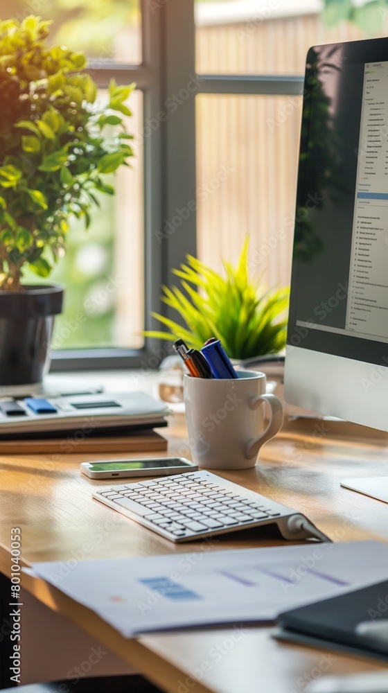 Poster a vertical image of a home office desk with a notebook computer.