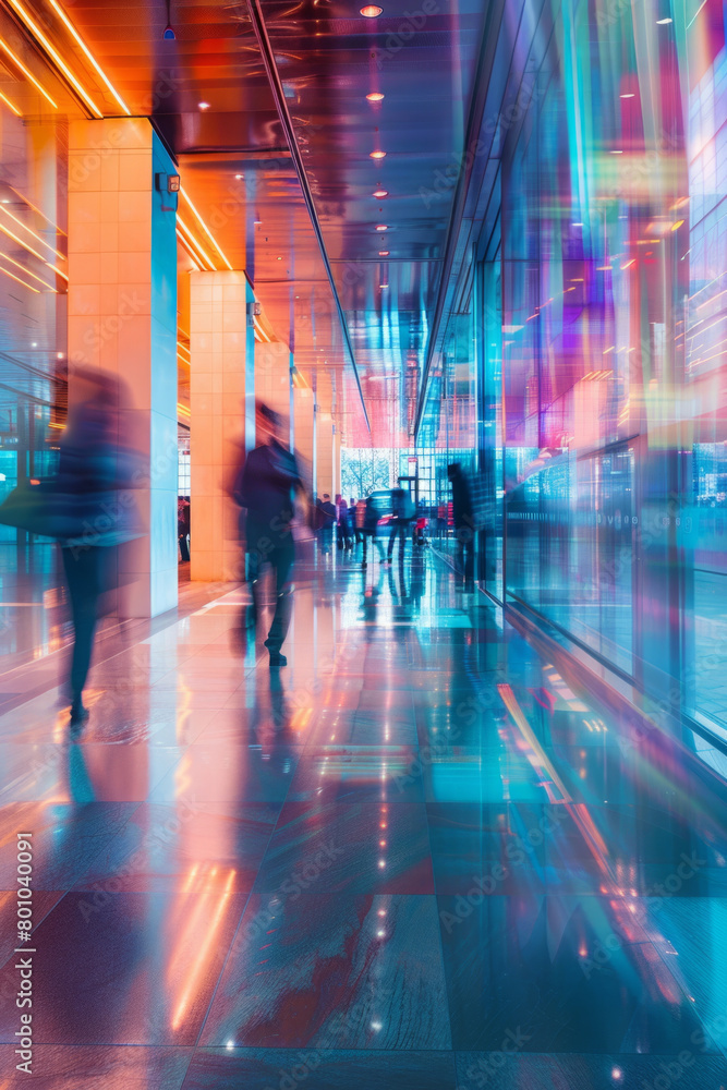 Poster dynamic and fast-paced environment of professionals in a business lobby, captured in motion blur.