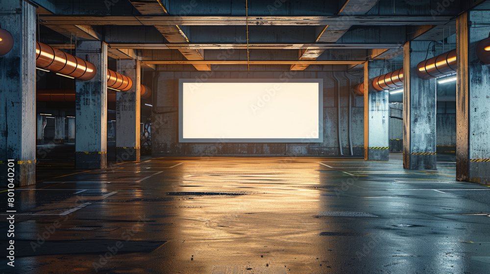 Poster a blank poster mockup in an empty car park at dusk, illuminated by soft evening lighting creating a 