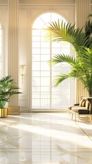 A Vertical Image Of A Modern Living Room With An Arch Window View.
