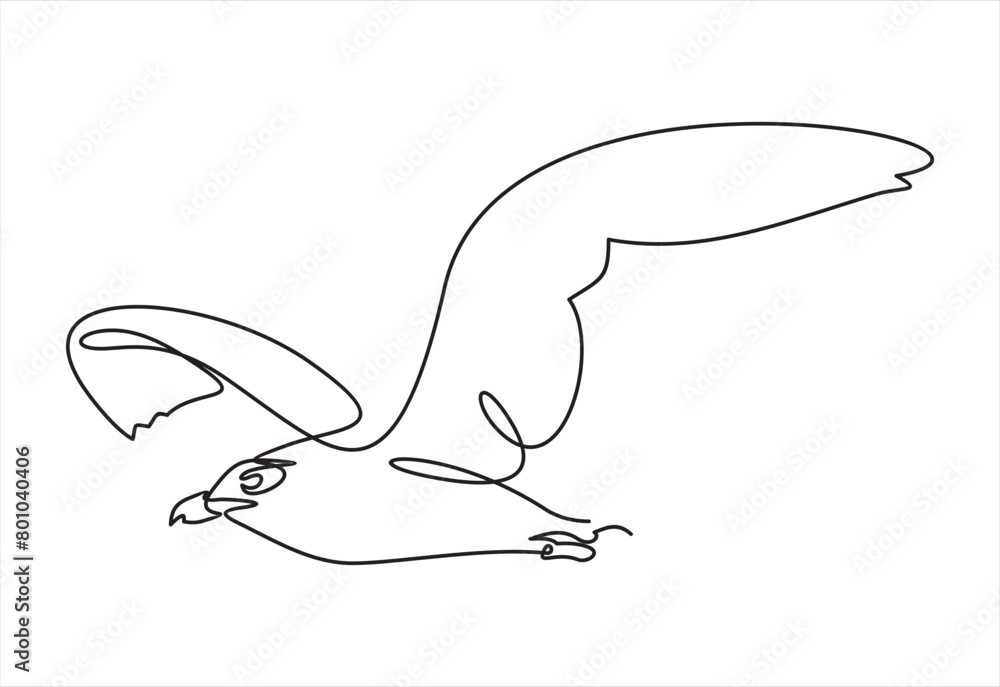 Poster seagull flies in the sky.set of sea ocean elements.one continuous line .one continuous drawing line 