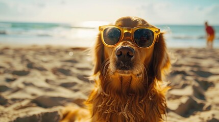 Naklejka premium dog in glasses on the beach