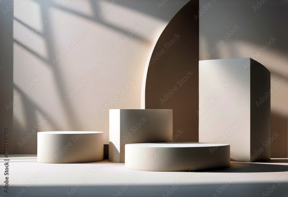 Poster 'Minimalistic geometric simple shape stone podium with light and shadow beige color 3d rendering background, product display, object placement mockup'