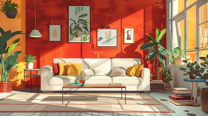 Family Living Room Warm Color Palette: An illustration featuring a family living room with a warm color palette