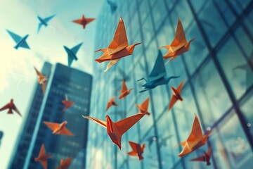 A flock of origami birds flying over a reflective skyscraper. - Powered by Adobe