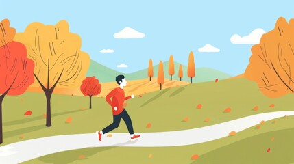 Active Young Man Jogging in Autumn Scenic Park