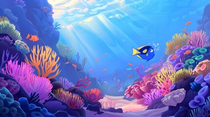 Colorful Coral Reef Underwater Scene with Tropical Fish