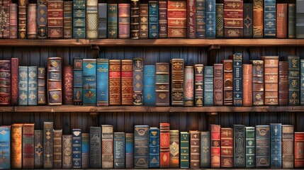 Mysterious Library Bookshelf background with many Antique Books arranged