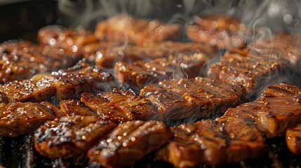 Close-up of marinated pork slices sizzling on a hot grill plate, releasing flavorful juices and enticing diners with the promise of tender and savory bites,