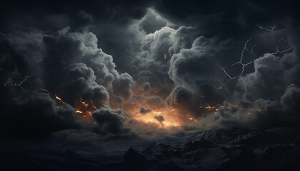 Dramatic thunderstorm with vivid lightning strikes illuminating dark. Generative AI
