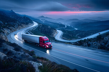 Semi Truck Traveling on Scenic Road at Sunset in Dark Pink and Indigo