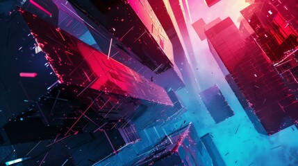Futuristic cityscape with neon lights and dynamic shards, tech and sci-fi themes.