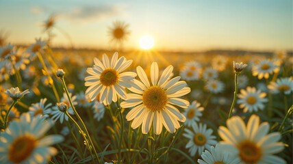 The blooming flowers are beautiful the field of colors. Daisy field on a clear day Daisies come in white and yellow. and surrounded by green grass surrounded by green nature and shining sun. - obrazy, fototapety, plakaty