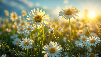 The blooming flowers are beautiful the field of colors. Daisy field on a clear day Daisies come in white and yellow. and surrounded by green grass surrounded by green nature and shining sun.