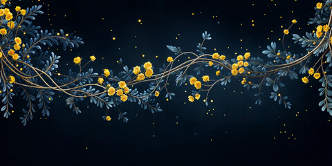 Golden flowers. Dark blue gradient background with stars and circles in gold color in bokeh effect.Glitter luxury gold. The background for the holiday.