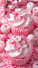 Two pink cupcakes with white frosting and pink sprinkles on top. The cupcakes look delicious and inviting, and the pink background