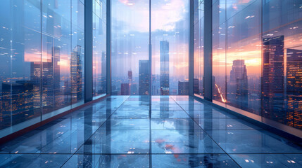 A modern office space with transparent glass partitions, reflecting the urban cityscape outside.
