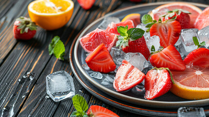 Plate with ice cubes strawberries and sliced citrus fr