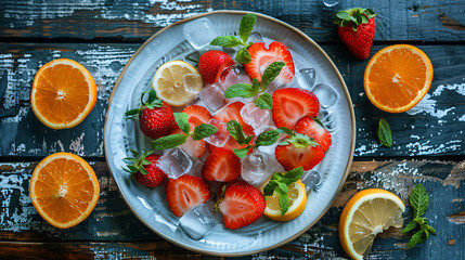 Plate with ice cubes strawberries and sliced citrus fr
