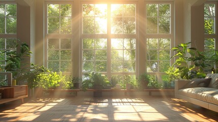 Natural Light Large Windows: A 3D illustration showcasing a living room flooded with natural light from large windows