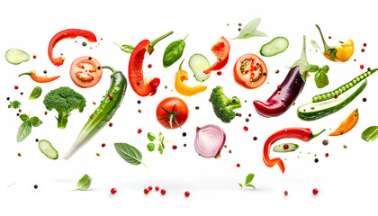 Flying healthy vegetables on white background
