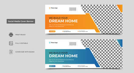 Construction social media cover banner design template. Home improvement web banner template. Dream home for sale social media cover banner template.