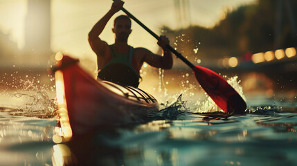 Canoe athlete raises paddle after winning race at Olympic championships, Ai Generated images