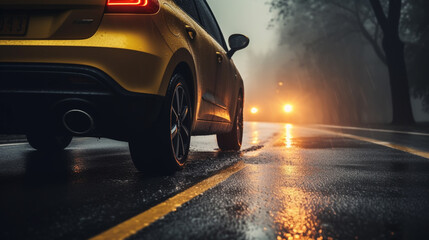 Closeup of a car with leaves stuck on wheels on a wet road in the autumn