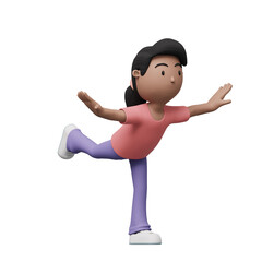 A cartoon woman is doing a exercise and yoga pose. 3d render