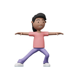 A cartoon woman is doing a exercise and yoga pose. 3d render