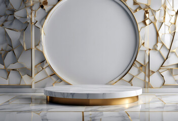 Fototapeta premium 'presentation 3d podium render marble inlays product composition splay background White mock Stage cosmetic Generate Creative gold poduim dais three-dimensional'