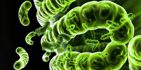 Fototapeta premium Vivid green bacteria in motion, illustrated against a dark background, showcasing scientific beauty.