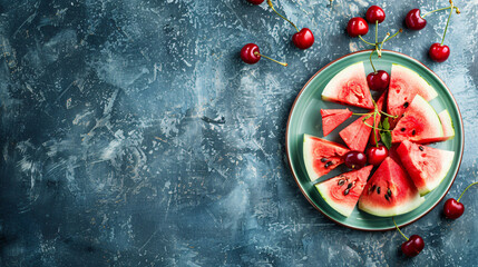 Plate with pieces of fresh watermelon and cherries 