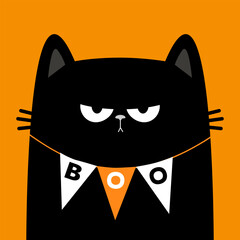 Happy Halloween. Angry cat. Sad face head. Bunting flag Boo decoration. Cute kitten. Black silhouette icon. Funny kawaii pet animal. Cartoon funny baby character. Flat design. Orange background Vector