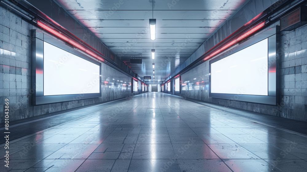 Poster an empty modern subway tunnel showcasing a large blank advertising billboard waiting for branding, w