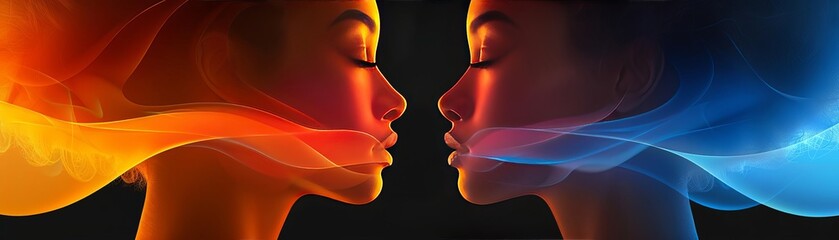 Two women face each other, their breath visible in the cold air. One woman is illuminated by a warm orange light, the other by a cool blue light.