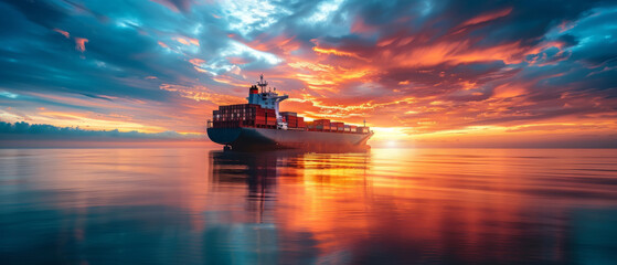 Container Cargo ship logistics at sunrise, import-export industry operations, transportation of goods on a global scale.