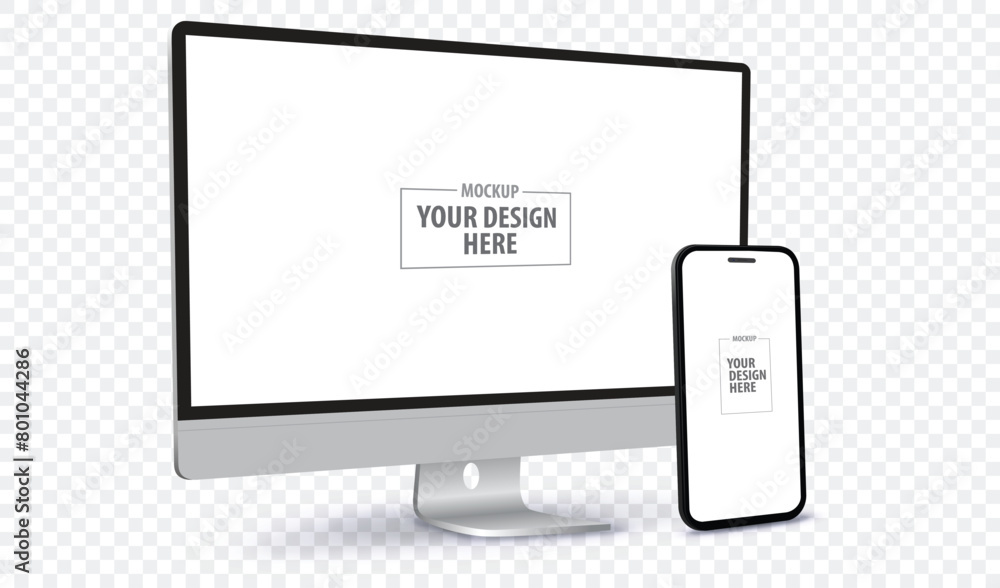 Poster desktop computer and mobile phone screen perspective view mockup. digital devices template vector il