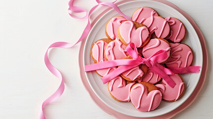 Plate with pink cookies on white background. 