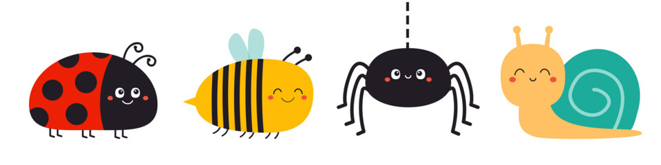 Bee bumblebee, snail cochlea, spider web, lady bug ladybird flying insect icon set line. Cute cartoon kawaii funny baby character. Ladybug. Happy Valentines Day. Flat design. White background. Vector