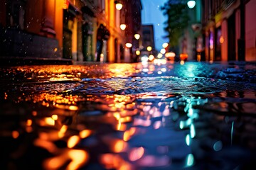 In a city after the rain, the water on the streets is shining with colorful light.