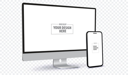 Desktop Computer and Mobile Phone Screen Perspective View Mockup. Digital devices template vector illustration with transparent background.