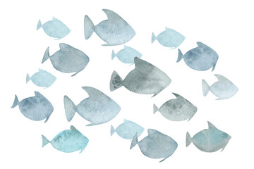 School of fish. Simple watercolor illustration. Hand drawn isolated art. Clipart of the underwater world. Blue color aquatic inhabitants of the sea,ocean. For seasonal design background