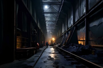 Inside a low and narrow modern coal mine gallery.