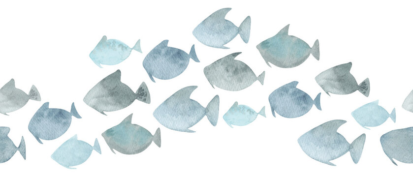 Seamless border with shoal of fish. Watercolor illustration with wavy pattern. Hand drawn isolated art. Flock of underwater world of ocean and sea. Sea animals for banner or ornament in blue color
