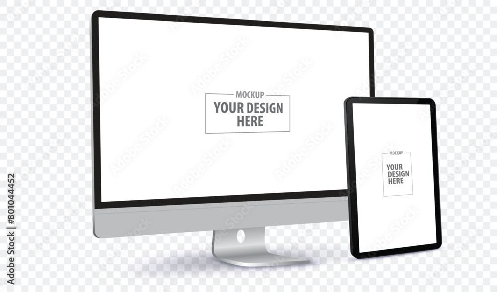 Poster desktop computer and tablet pc screen perspective view mockup. digital devices template vector illus